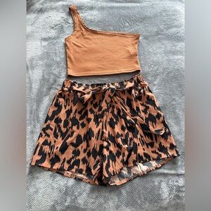 High Waist Tan and Black Animal Print Shorts with Top